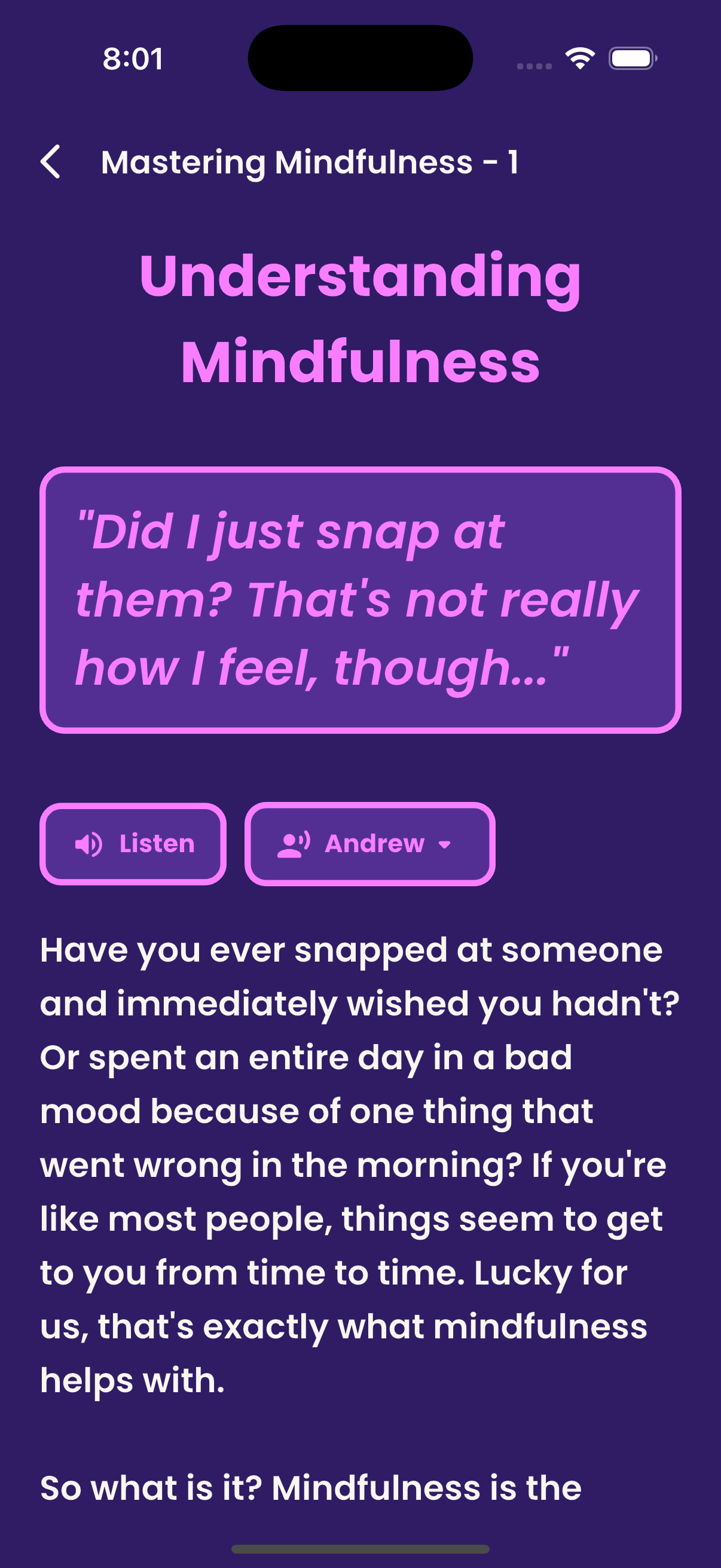 Minducate app showing a bite-sized wellness article