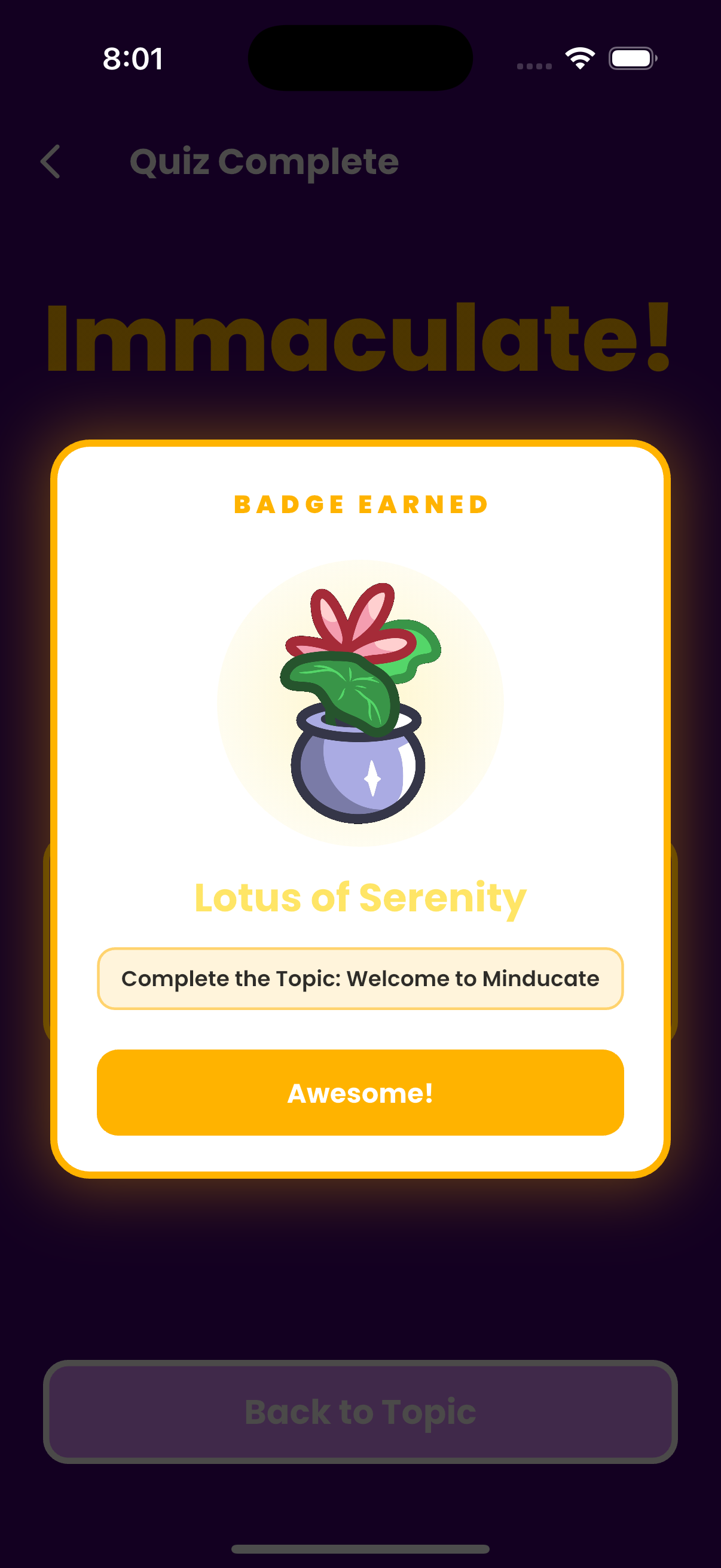 Minducate app showing earned achievement badges