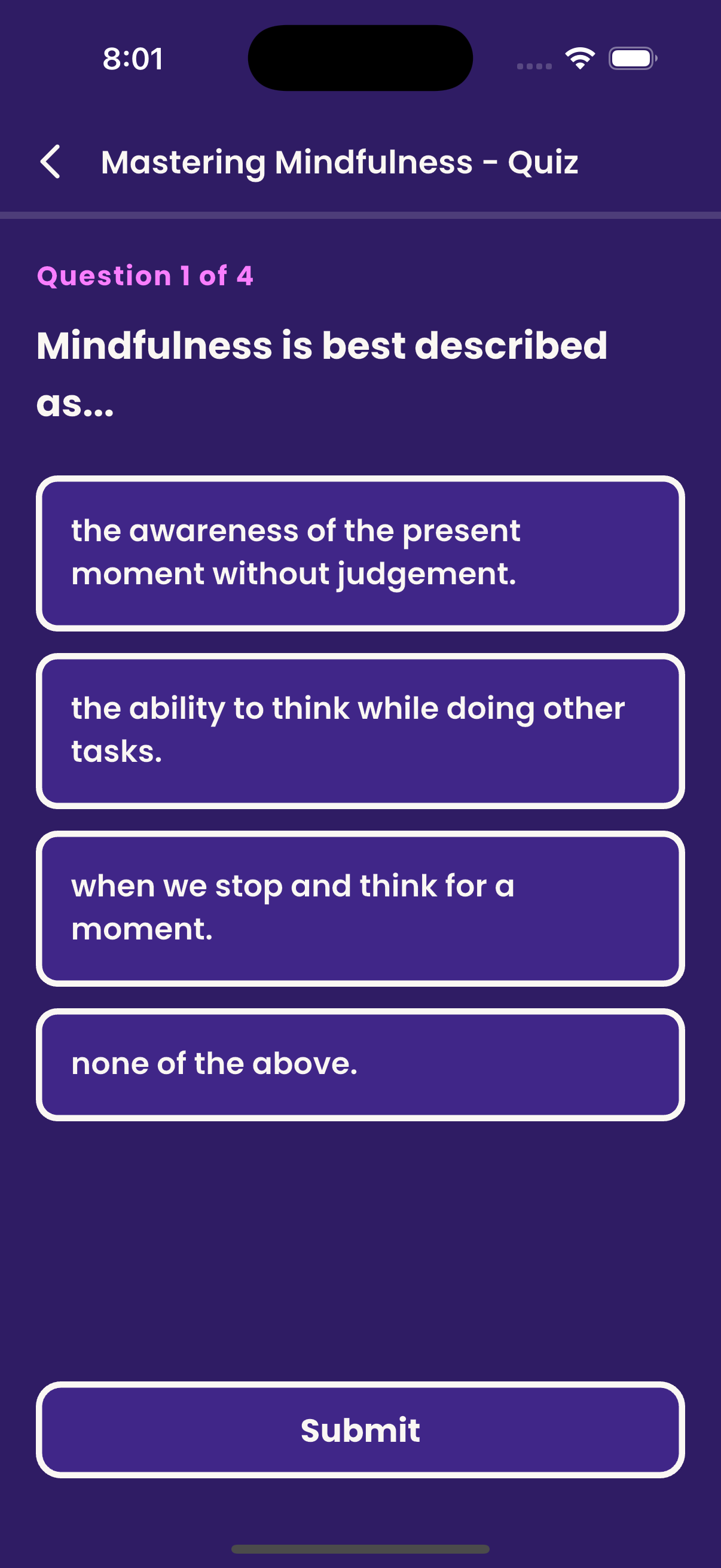 Minducate app showing a quiz question